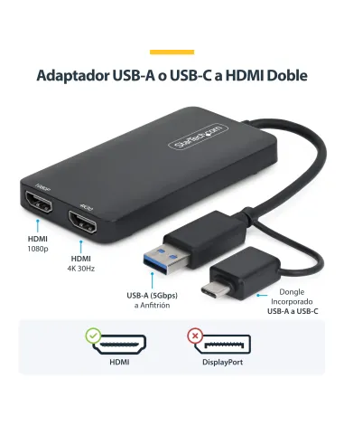 StarTech.com Adaptador de USB a HDMI Doble, USB A C a 2 Pantallas HDMI (1x 4K30Hz, 1x 1080p), Dongle Integrado USB-A a C, Cable