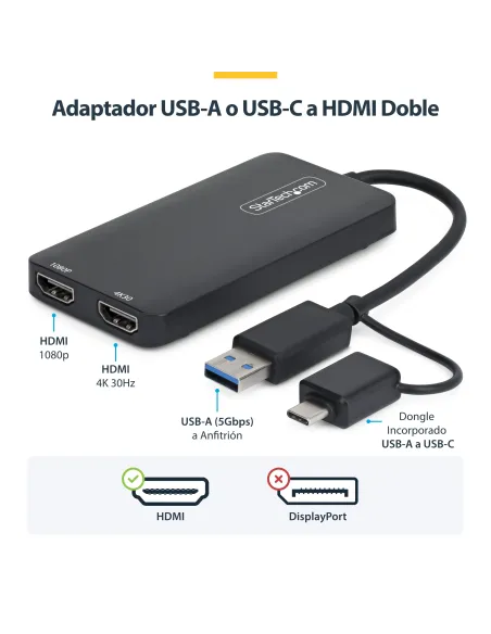 StarTech.com Adaptador de USB a HDMI Doble, USB A C a 2 Pantallas HDMI (1x 4K30Hz, 1x 1080p), Dongle Integrado USB-A a C, Cable