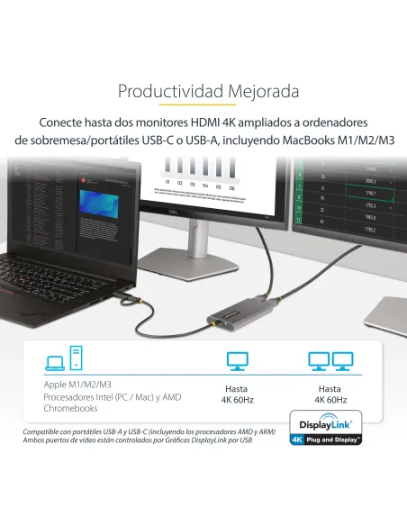 StarTech.com Adaptador USB-C a HDMI Doble - USB Tipo C a 2 Monitores HDMI - 4K 60Hz - Entrega de Alimentación PD de 100W con