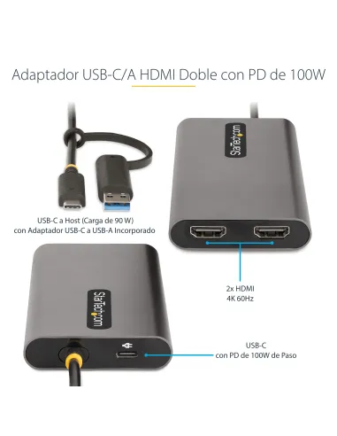 StarTech.com Adaptador USB-C a HDMI Doble - USB Tipo C a 2 Monitores HDMI - 4K 60Hz - Entrega de Alimentación PD de 100W con