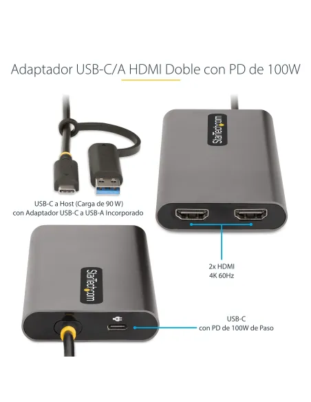 StarTech.com Adaptador USB-C a HDMI Doble - USB Tipo C a 2 Monitores HDMI - 4K 60Hz - Entrega de Alimentación PD de 100W con
