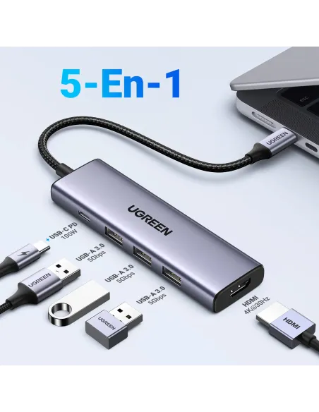 Ugreen 15596 base para portátil y replicador de puertos Alámbrico USB 3.2 Gen 1 (3.1 Gen 1) Type-A + Type-C Aluminio