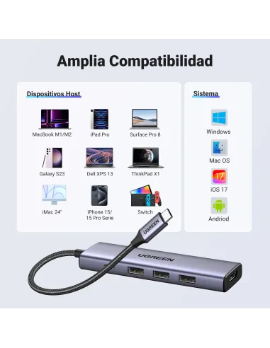 Ugreen 15596 base para portátil y replicador de puertos Alámbrico USB 3.2 Gen 1 (3.1 Gen 1) Type-A + Type-C Aluminio