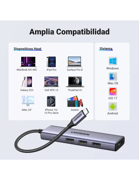 Ugreen 15596 base para portátil y replicador de puertos Alámbrico USB 3.2 Gen 1 (3.1 Gen 1) Type-A + Type-C Aluminio