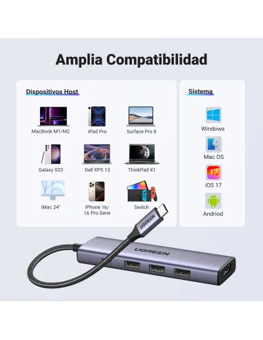 Ugreen 15596 base para portátil y replicador de puertos Alámbrico USB 3.2 Gen 1 (3.1 Gen 1) Type-A + Type-C Aluminio