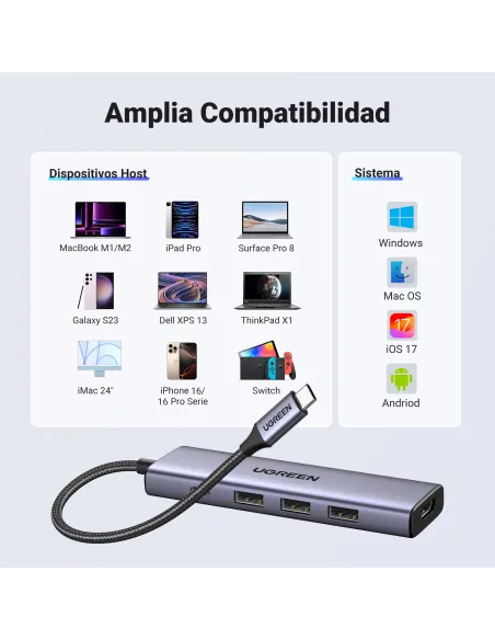 Ugreen 15596 base para portátil y replicador de puertos Alámbrico USB 3.2 Gen 1 (3.1 Gen 1) Type-A + Type-C Aluminio