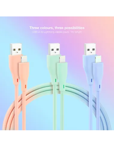 Nanocable 3 Cables Lightning a USB 2.0, Lightning M-USB A M, Rosa, Azul y Verde, 1 m