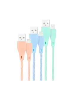 Nanocable 3 Cables Lightning a USB 2.0, Lightning M-USB A M, Mallados, Rosa, Azul y Verde, 1 m