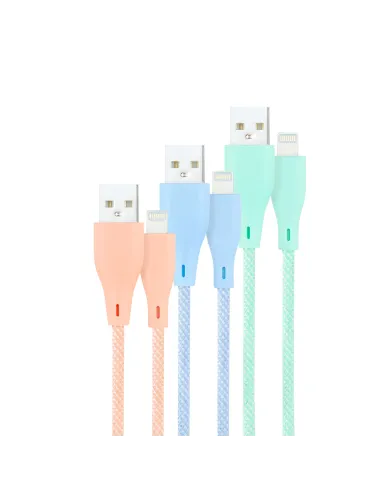 Nanocable 3 Cables Lightning a USB 2.0, Lightning M-USB A M, Mallados, Rosa, Azul y Verde, 1 m