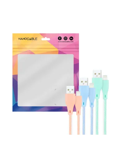 Nanocable 3 Cables Lightning a USB 2.0, Lightning M-USB A M, Mallados, Rosa, Azul y Verde, 1 m