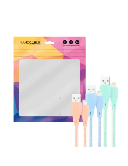 Nanocable 3 Cables Lightning a USB 2.0, Lightning M-USB A M, Mallados, Rosa, Azul y Verde, 1 m