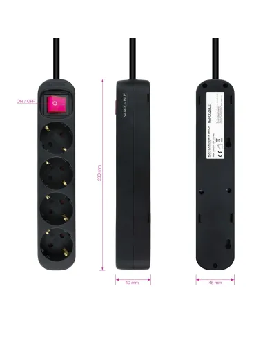 Nanocable Regleta de enchufes de 4 tomas con interruptor, 1.4 metros Negra