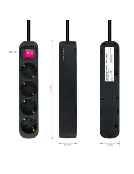 Nanocable Regleta de enchufes de 4 tomas con interruptor, 1.4 metros Negra