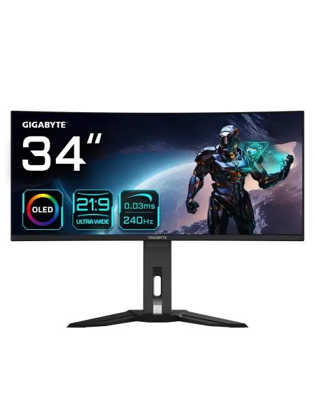 GIGABYTE Monitor de juegos curvo OLED WQHD MO34WQC2 de 34" - 3440 x 1440, 240Hz, 0.03ms, KVM, 250 cd m², FreeSync Premium Pro,