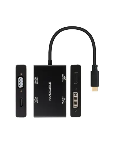 Nanocable Conversor USB-C M a HDMI H + DVI H + DP H + VGA H, Negro, 10 cm