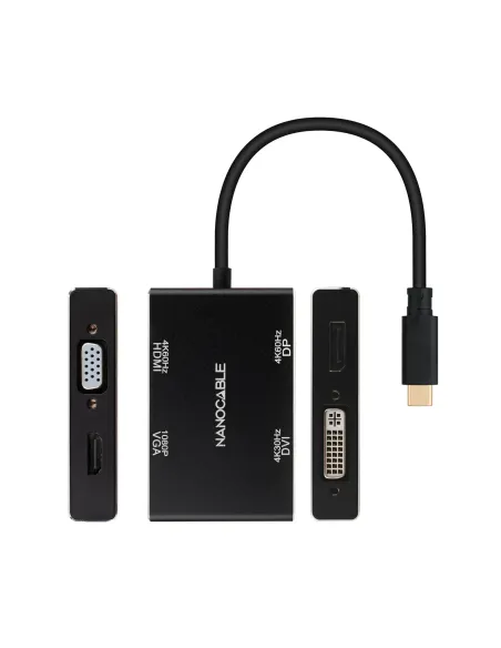 Nanocable Conversor USB-C M a HDMI H + DVI H + DP H + VGA H, Negro, 10 cm