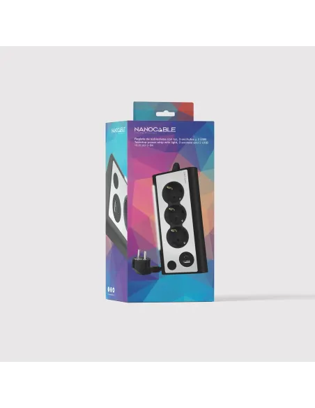 Nanocable Regleta de Sobremesa con 3 Tomas de Tierra y 2 USB´s con Luz, Negro