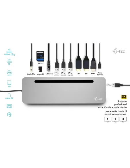 i-tec USB-C Metal Ergonomic 3x 4K Display Docking Station with Power Delivery 100 W + Universal Charger 100 W