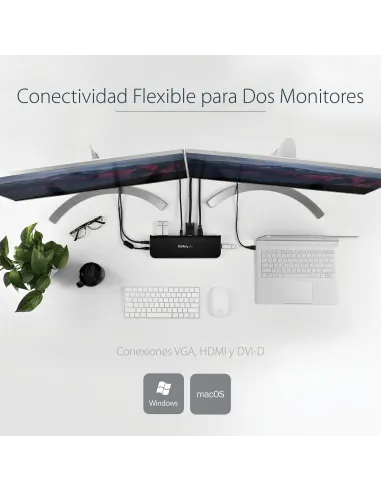StarTech.com Docking Station USB 3.0 de 2 Monitores para Portátil - HDMI DVI VGA - Hub Ladrón 3x USB-A - GbE - Audio -