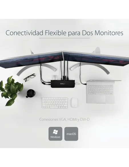 StarTech.com Docking Station USB 3.0 de 2 Monitores para Portátil - HDMI DVI VGA - Hub Ladrón 3x USB-A - GbE - Audio -
