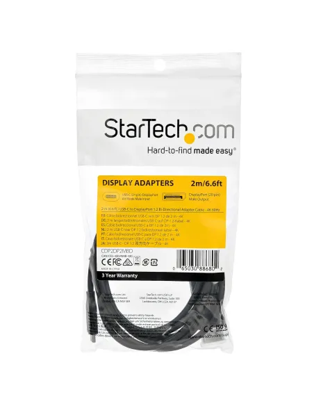 StarTech.com Cable de 2m USB C a DisplayPort 1.2 de 4K a 60Hz - Cable Adaptador de Vídeo Bidireccional DP a USB-C o USB-C a DP