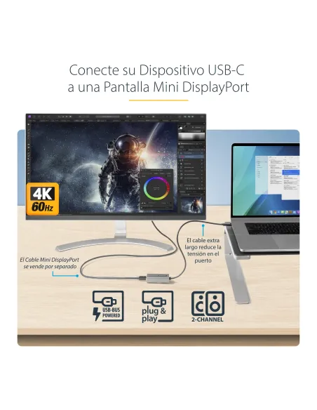 StarTech.com Adaptador USB C a Mini DisplayPort - Convertidor de Vídeo USB Tipo C a mDP Mini DP a 4K 60Hz - Compatible con