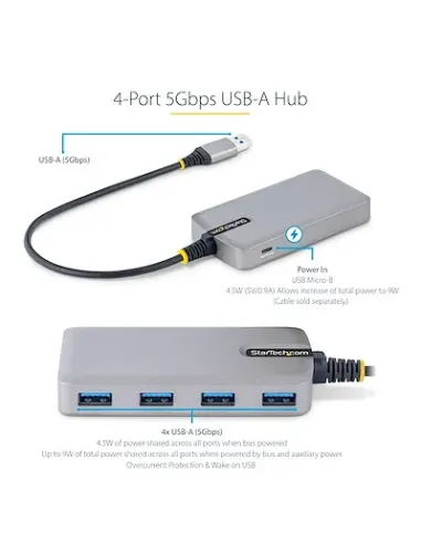 StarTech.com Hub USB de 4 Puertos - USB 3.0 de 5Gbps - Alimentado por el Bus - Concentrador de 4 Puertos USB-A con Alimentación