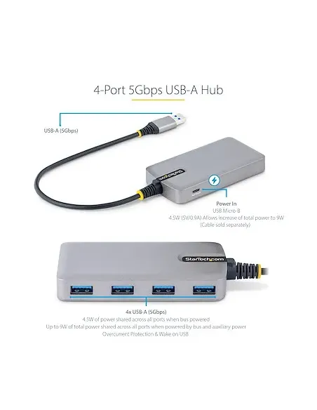 StarTech.com Hub USB de 4 Puertos - USB 3.0 de 5Gbps - Alimentado por el Bus - Concentrador de 4 Puertos USB-A con Alimentación