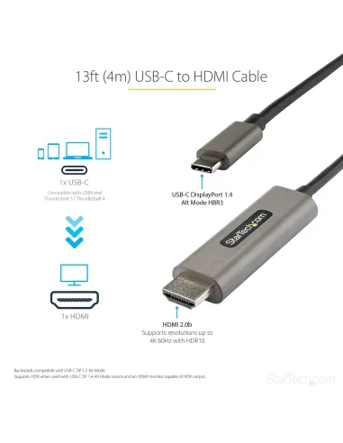 StarTech.com Cable 4m USB C a HDMI 4K de 60Hz con HDR10 - Adaptador de Vídeo USB Tipo C a HDMI 2.0b Ultra HD 4K - Convertidor