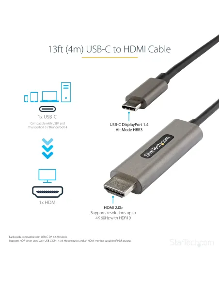 StarTech.com Cable 4m USB C a HDMI 4K de 60Hz con HDR10 - Adaptador de Vídeo USB Tipo C a HDMI 2.0b Ultra HD 4K - Convertidor