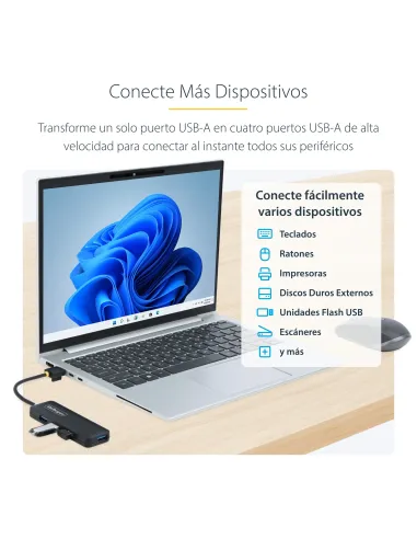 StarTech.com Hub USB-A de 4 Puertos - Ladrón USB de 4 Puertos - Alimentado por el Bus - USB 3.0 de 5Gbps - Hub Portátil para