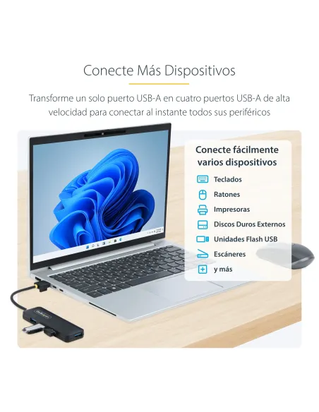StarTech.com Hub USB-A de 4 Puertos - Ladrón USB de 4 Puertos - Alimentado por el Bus - USB 3.0 de 5Gbps - Hub Portátil para
