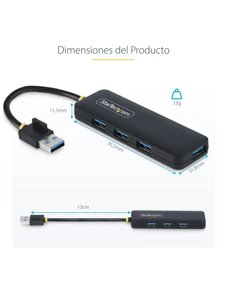 StarTech.com Hub USB-A de 4 Puertos - Ladrón USB de 4 Puertos - Alimentado por el Bus - USB 3.0 de 5Gbps - Hub Portátil para