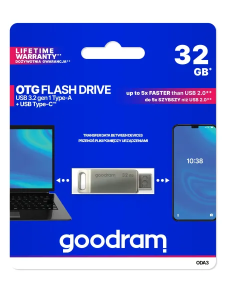 Goodram ODA3 unidad flash USB 32 GB USB Type-A   USB Type-C 3.2 Gen 1 (3.1 Gen 1) Plata