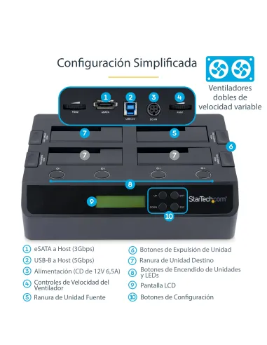 StarTech.com Clonador Borrador Autónomo USB 3.0   eSATA a SATA de 4 Bahías para Discos Duros y SSDs 1 3 - Docking Station -