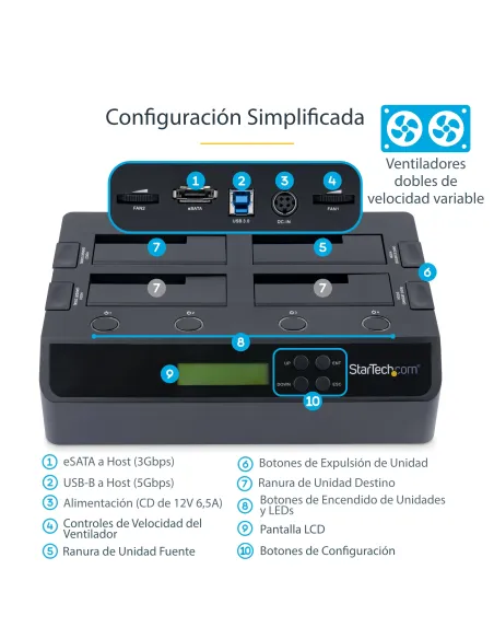 StarTech.com Clonador Borrador Autónomo USB 3.0   eSATA a SATA de 4 Bahías para Discos Duros y SSDs 1 3 - Docking Station -
