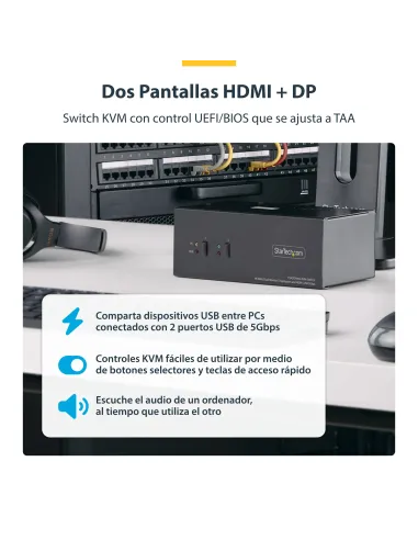 StarTech.com Switch KVM de 2 Puertos DisplayPort HDMI - Conmutador KVM de Dos Monitores - Hub Ladrón USB 2 Puertos 5Gbps - 2