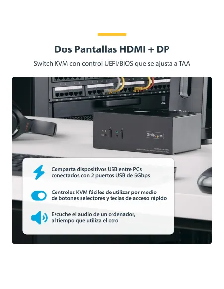 StarTech.com Switch KVM de 2 Puertos DisplayPort HDMI - Conmutador KVM de Dos Monitores - Hub Ladrón USB 2 Puertos 5Gbps - 2