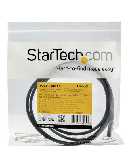 StarTech.com Cable de 1,8m USB-C a USB-C - PD de 5A - USB TipoC - Certificado para Funcionar con Chromebook - USB-IF - M a M -