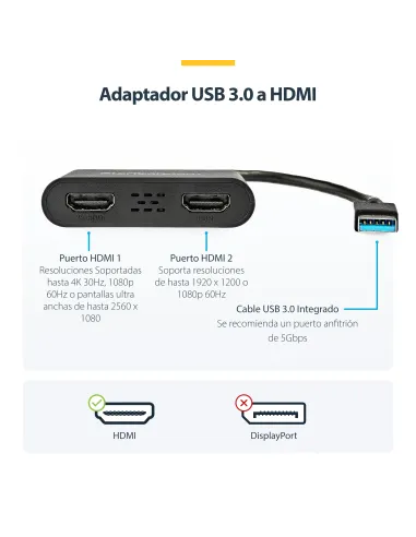 StarTech.com Adaptador USB 3.0 a HDMI Doble - 4K 30Hz