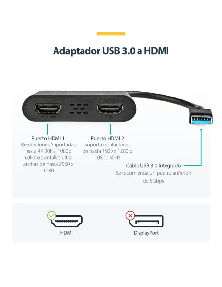 StarTech.com Adaptador USB 3.0 a HDMI Doble - 4K 30Hz