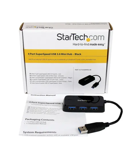 StarTech.com Adaptador Concentrador Hub Ladrón USB 3.0 (5Gbps) Super Speed para Portátil de 4 Puertos Salidas - Negro