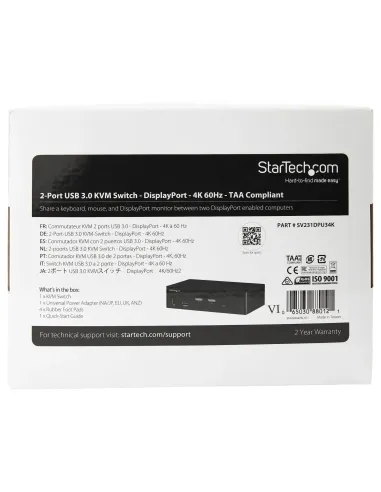 StarTech.com Switch Conmutador KVM de 2 Puertos DisplayPort - 4K a 60Hz - para Una Pantalla - Switch KVM de 2 Puertos DP 1.2