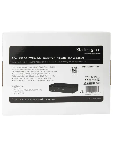 StarTech.com Switch Conmutador KVM de 2 Puertos DisplayPort - 4K a 60Hz - para Una Pantalla - Switch KVM de 2 Puertos DP 1.2