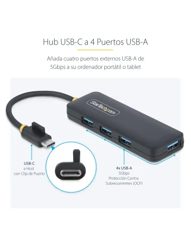 StarTech.com Hub USB-C de 4 Puertos - Ladrón USB Tipo C a 4 Puertos USB-A - Alimentado por el Bus - USB 3.0 de 5Gbps - Hub