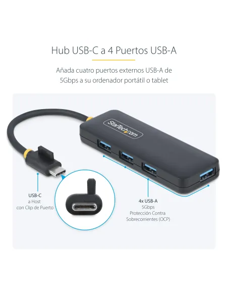StarTech.com Hub USB-C de 4 Puertos - Ladrón USB Tipo C a 4 Puertos USB-A - Alimentado por el Bus - USB 3.0 de 5Gbps - Hub