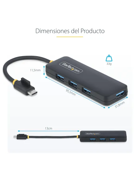 StarTech.com Hub USB-C de 4 Puertos - Ladrón USB Tipo C a 4 Puertos USB-A - Alimentado por el Bus - USB 3.0 de 5Gbps - Hub