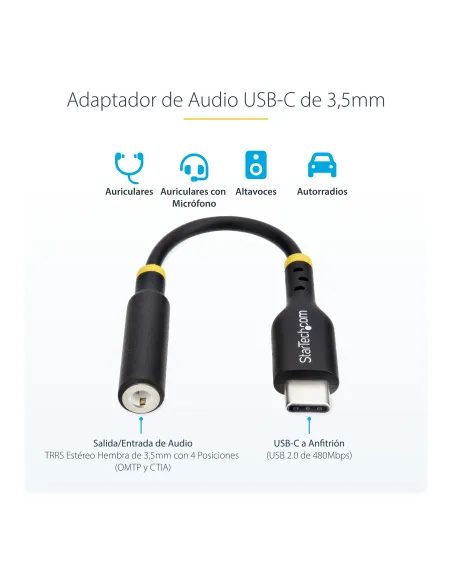 StarTech.com Adaptador de Audio USB-C a 3,5mm TRRS Minijack - Adaptador de Audio USB Tipo C para Auriculares con Micrófono -
