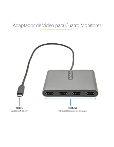 StarTech.com Adaptador USB-C a 4 Puertos HDMI - Tarjeta Gráfica y de Vídeo Externa - Dongle Llave USB Tipo C a 4x HDMI - 1080p