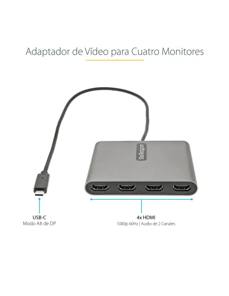 StarTech.com Adaptador USB-C a 4 Puertos HDMI - Tarjeta Gráfica y de Vídeo Externa - Dongle Llave USB Tipo C a 4x HDMI - 1080p